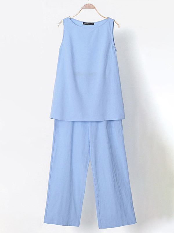 Women’s Solid Color Cotton Linen Sleeveless Top + Wide-leg Pants Two-Piece Suit