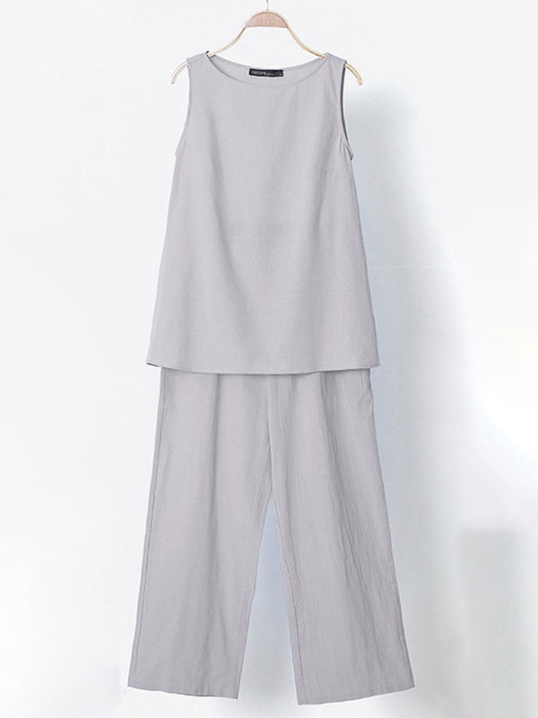 Women’s Solid Color Cotton Linen Sleeveless Top + Wide-leg Pants Two-Piece Suit
