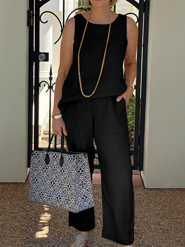 Women’s Solid Color Cotton Linen Sleeveless Top + Wide-leg Pants Two-Piece Suit - Black / S