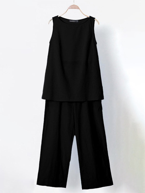 Women’s Solid Color Cotton Linen Sleeveless Top + Wide-leg Pants Two-Piece Suit
