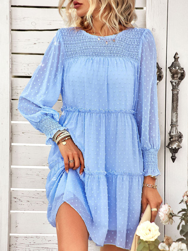 Women’s Solid Color Elegant Jacquard Dress - Blue / S