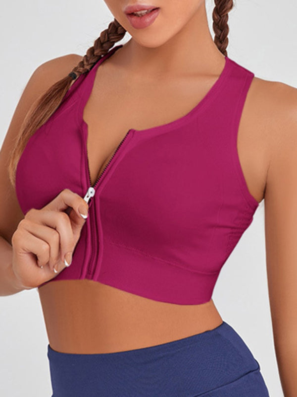 Women’s Solid Color Front Zipper Shockproof Yoga Bra Tank Top - Red / S