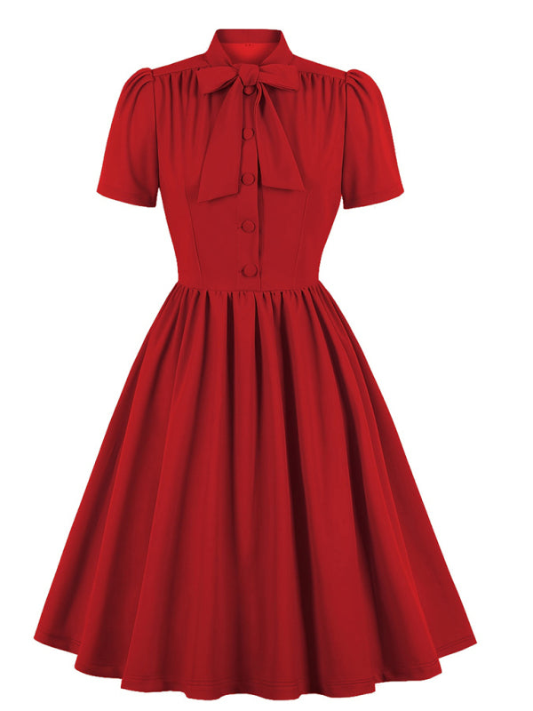 Women’s solid color lace-up swing dress - Red / S