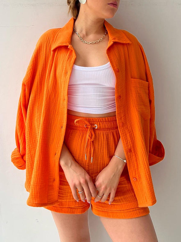 Women’s solid color lapel collar shirt & shorts two-piece sets - Orange / S