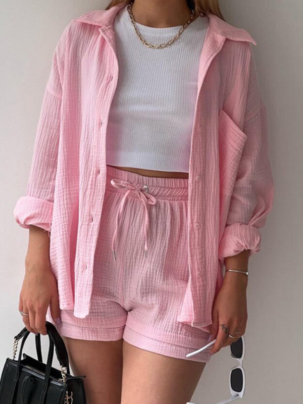 Women’s solid color lapel collar shirt & shorts two-piece sets - Pink / S