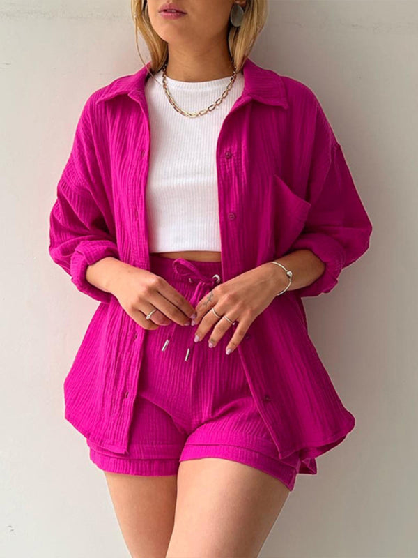 Women’s solid color lapel collar shirt & shorts two-piece sets - Rose / S