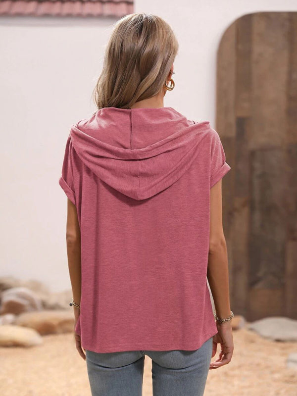 Women’s Solid Color Loose Hooded Button Short Sleeve Top