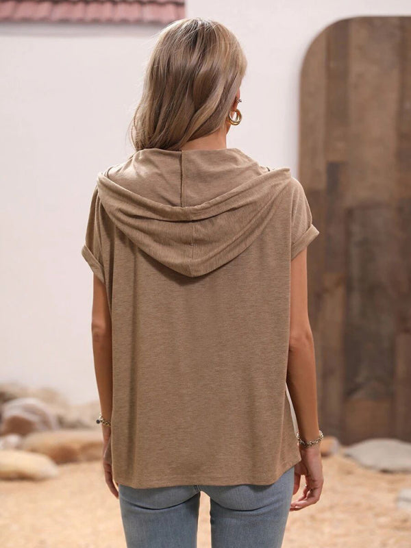 Women’s Solid Color Loose Hooded Button Short Sleeve Top