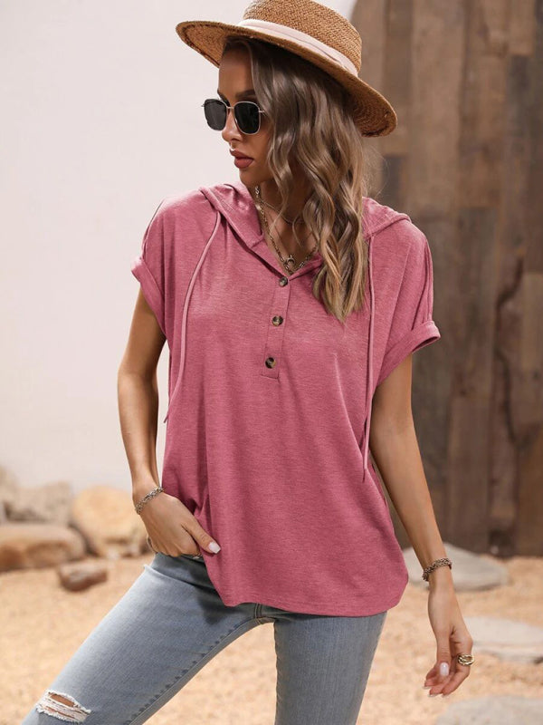 Women’s Solid Color Loose Hooded Button Short Sleeve Top