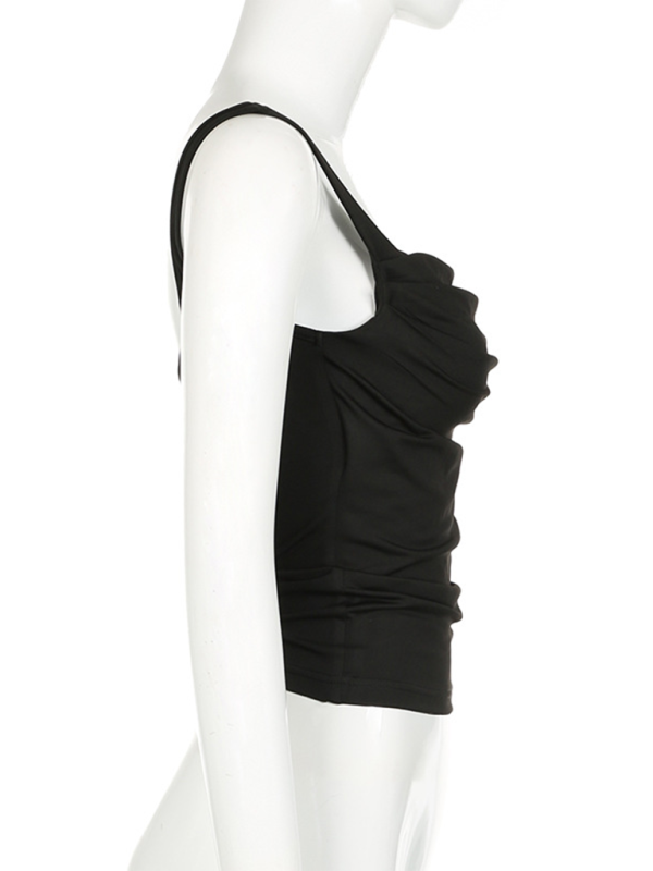 Women’s Solid Color Pleated Design Square Neck Versatile Simple Camisole