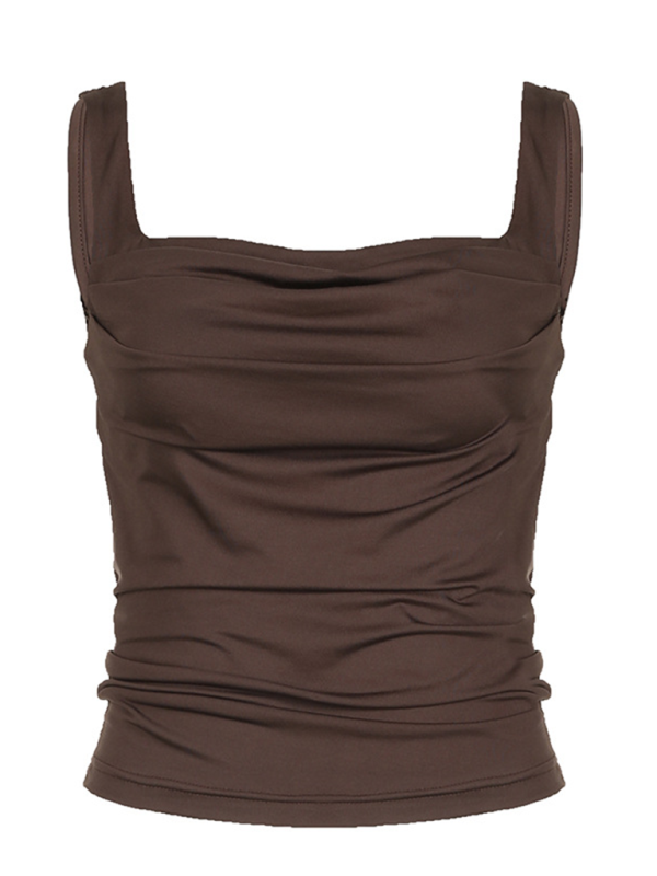 Women’s Solid Color Pleated Design Square Neck Versatile Simple Camisole