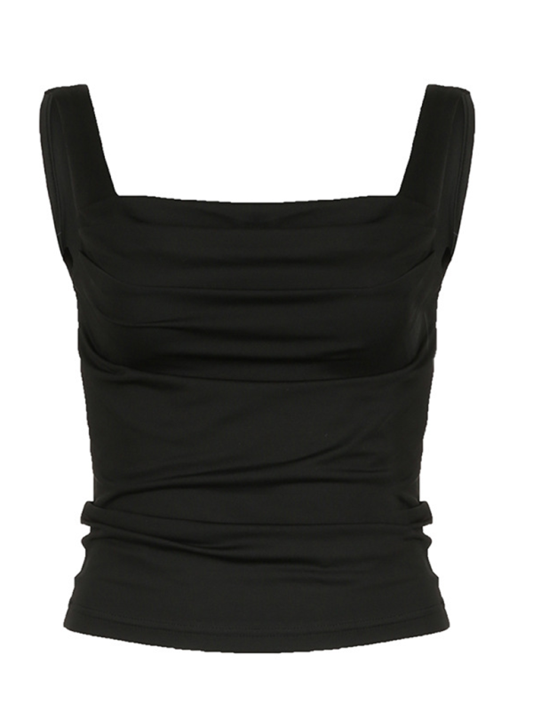 Women’s Solid Color Pleated Design Square Neck Versatile Simple Camisole