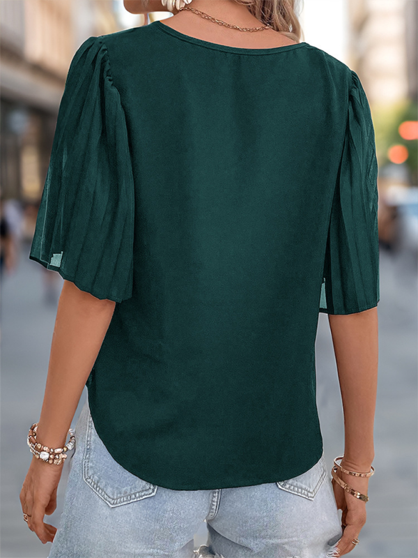 Women’s solid color pleated short sleeve shirt