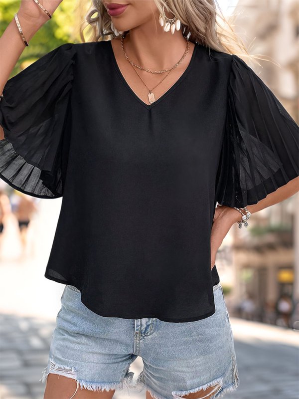 Women’s solid color pleated short sleeve shirt - Black / S