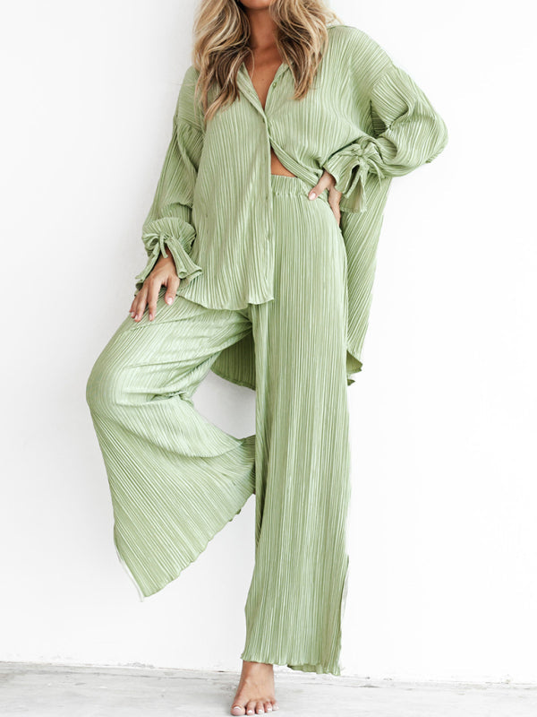 Women’s Solid Color Pressed Pleated Long Sleeve Cardigan Shirt Slit Top Trousers Two-Piece Set - Pale green / S
