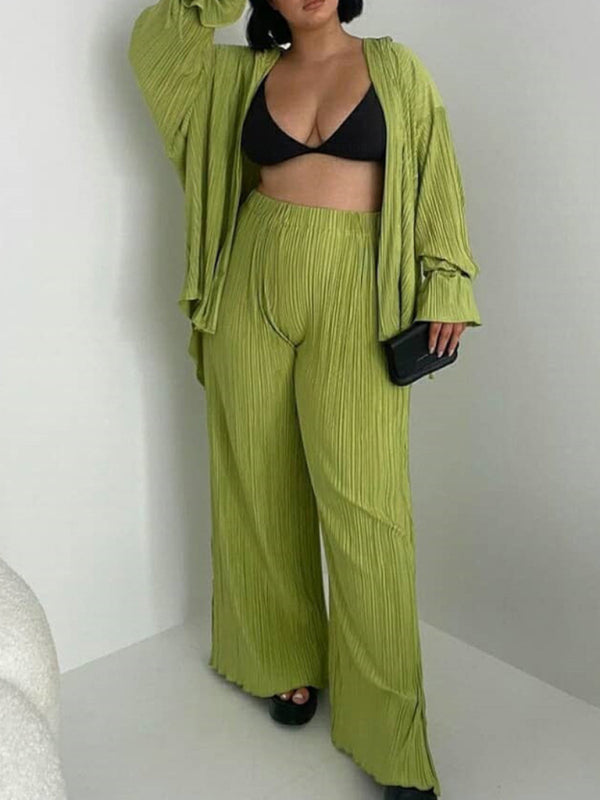 Women’s Solid Color Pressed Pleated Long Sleeve Cardigan Shirt Slit Top Trousers Two-Piece Set