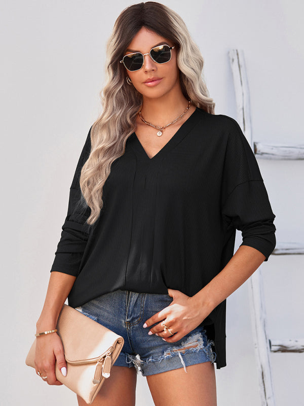 Women’s solid color Pullover thin knit V-neck knit top - Black / S