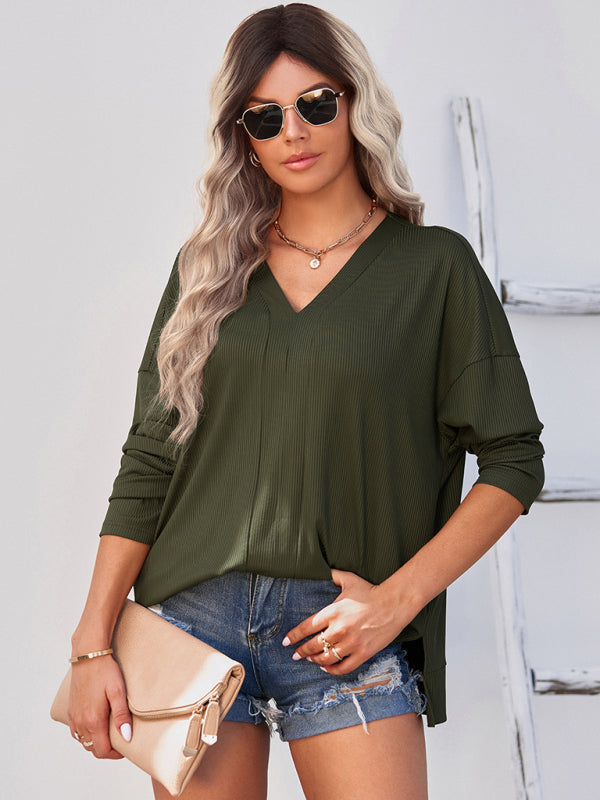 Women’s solid color Pullover thin knit V-neck knit top - Olive green / S