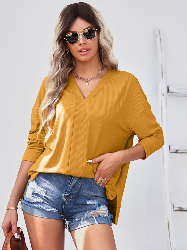 Women’s solid color Pullover thin knit V-neck knit top - Yellow / S