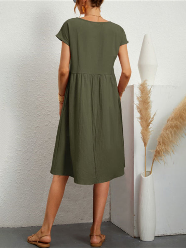 Olive green midi dress with round neck and solid color cotton sleeves for women