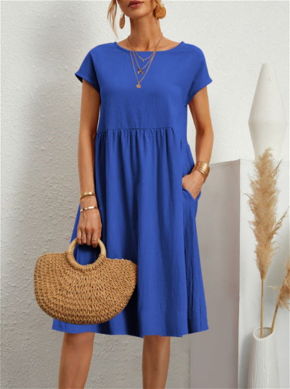 Blue midi dress with pockets, round neck, solid color, and cotton sleeves for women