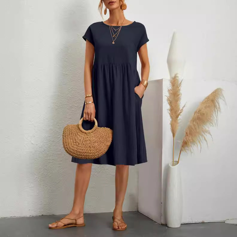 Navy blue solid color midi dress with round neck and cotton sleeves for women