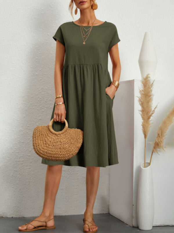 Olive green midi dress with round neck and solid color cotton sleeves for women