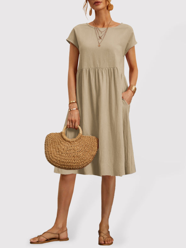 Beige midi dress with round neck and cotton sleeve from Women’s Solid Color A-Line Dress