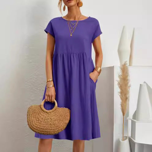 Purple midi dress with pockets, round neck, solid color, and cotton sleeves for women