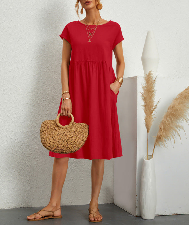 Red midi dress with pockets featuring a solid color round neck cotton sleeve design