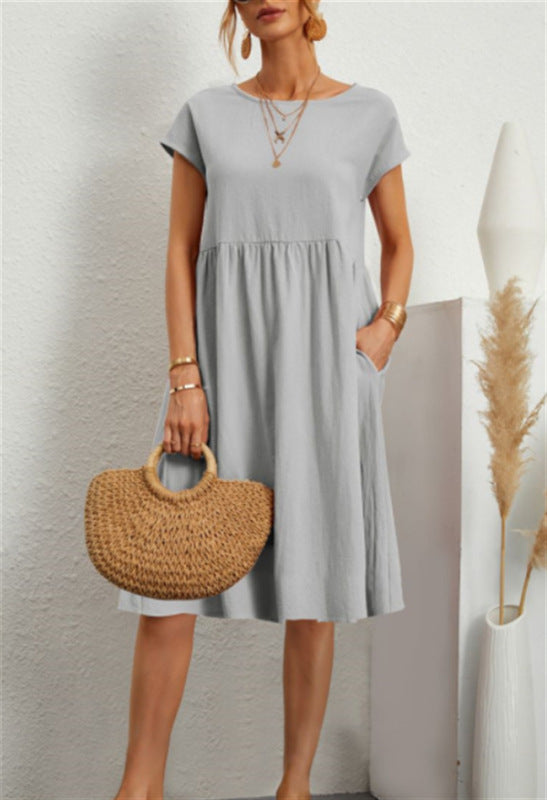 Gray solid color round neck midi dress with cotton sleeves for women