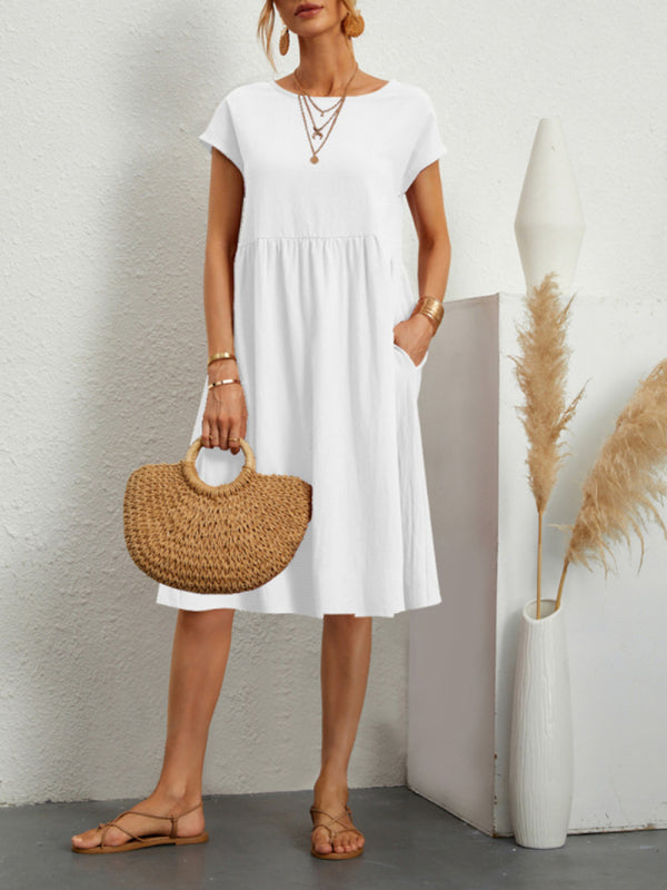 White midi dress with round neck and solid color cotton sleeves for women’s fashion