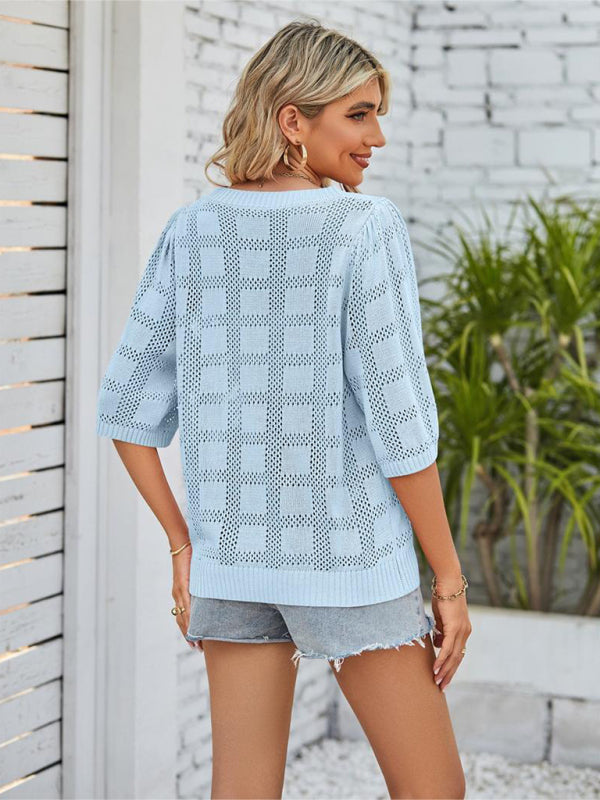 Women’s Solid Color Round Neck Hollow Sunscreen Knitted Sweater Sweater