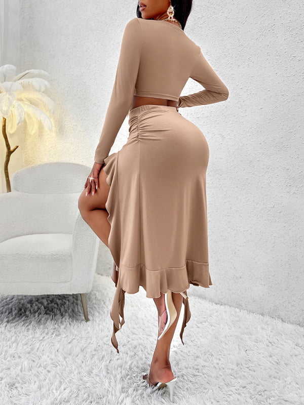 Women’s Solid Color Round Neck Long Sleeve Top Ruffled Skirt Suit