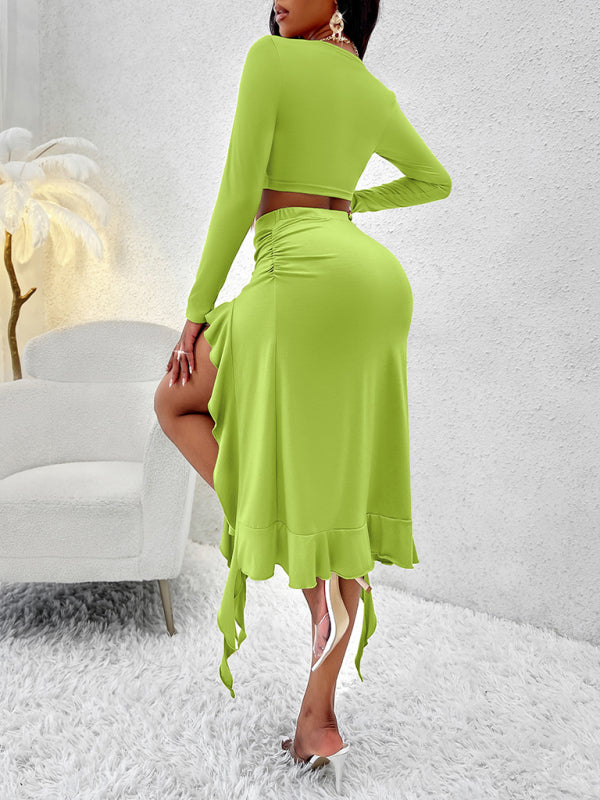Women’s Solid Color Round Neck Long Sleeve Top Ruffled Skirt Suit