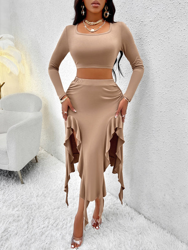 Women’s Solid Color Round Neck Long Sleeve Top Ruffled Skirt Suit