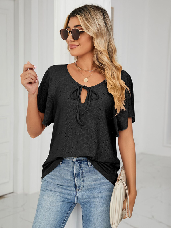 Women’s Solid Color Round Neck Tie Short Sleeve Loose Knit Top