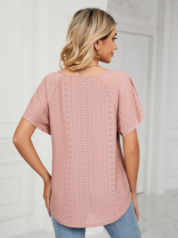 Women’s Solid Color Round Neck Tie Short Sleeve Loose Knit Top