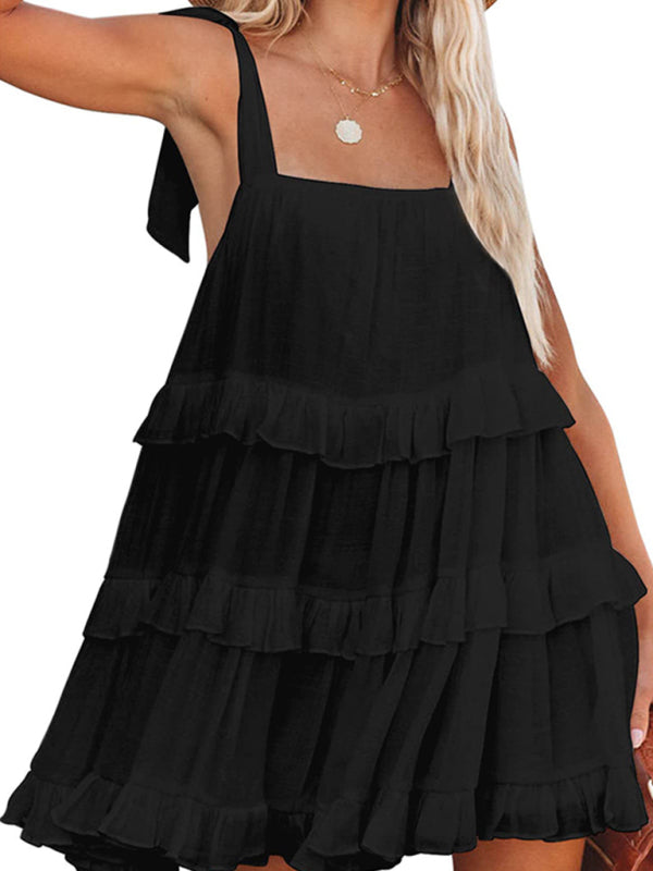 Women’s Solid Color Ruffled Strappy Strap Dress