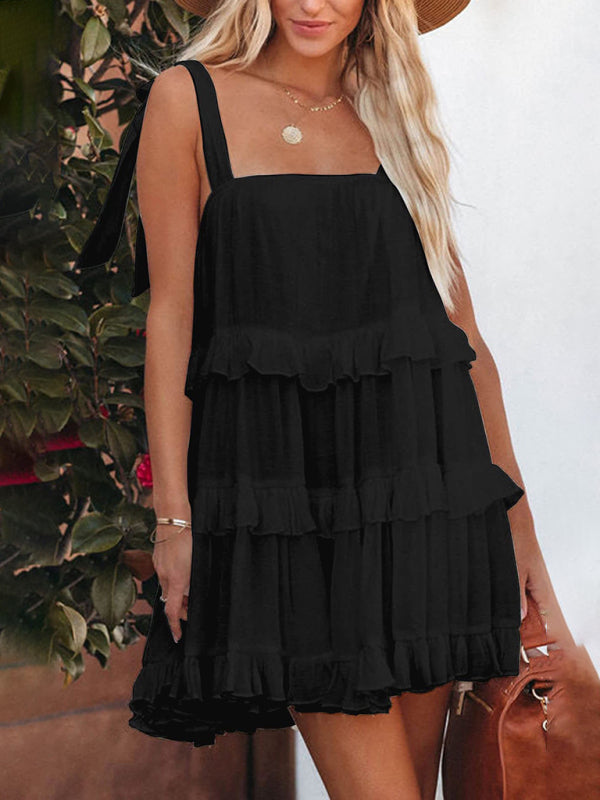 Women’s Solid Color Ruffled Strappy Strap Dress - Black / S