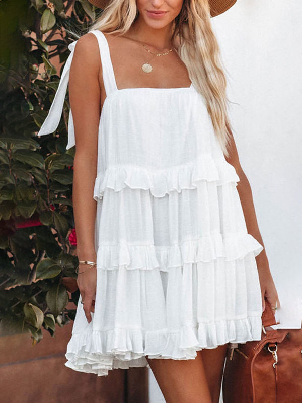 Women’s Solid Color Ruffled Strappy Strap Dress - White / S