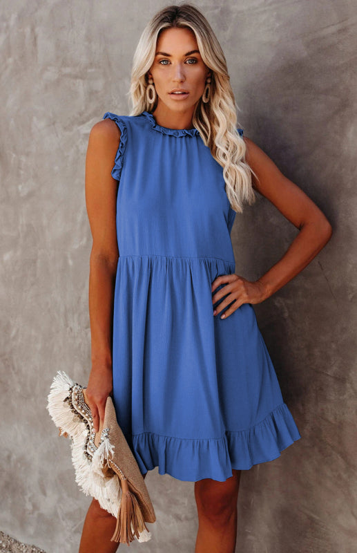 Women’s Solid Color Ruffled Waist Dress - Royal blue / S