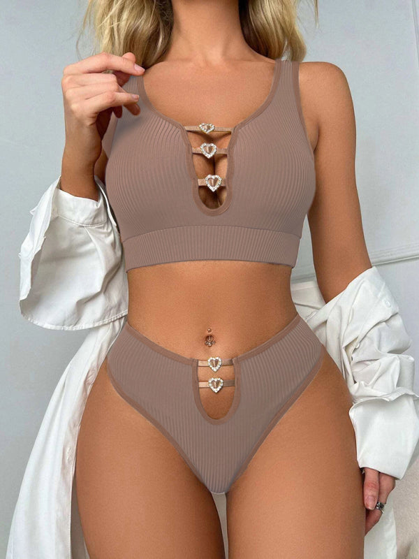 Women’s solid color sexy hollow erotic lingerie sets - Dark Brown / S