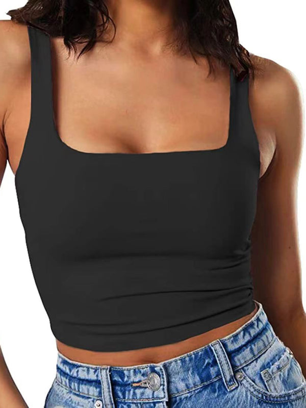 Women’s solid color sexy trendy midriff-baring short vest - Black / S