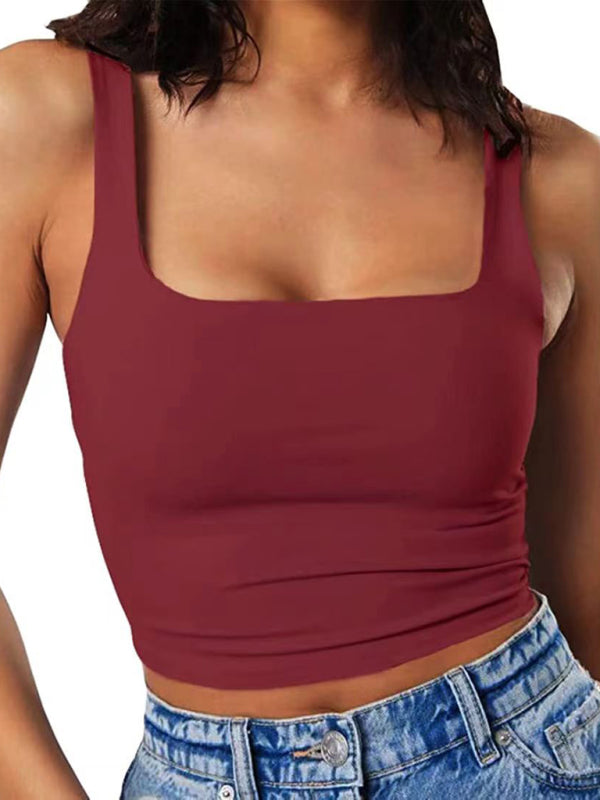 Women’s solid color sexy trendy midriff-baring short vest - Dark Brown / S