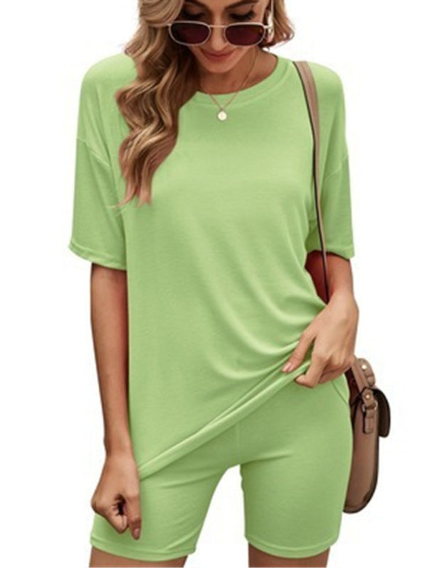 Women’s solid color short-sleeved shorts with shorts casual home two-piece set - Green / S