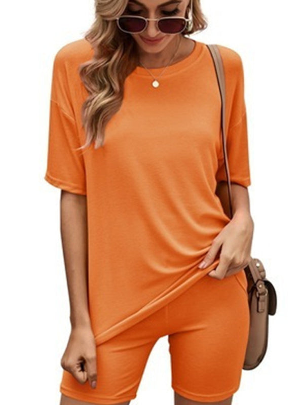 Women’s solid color short-sleeved shorts with shorts casual home two-piece set - Orange / S