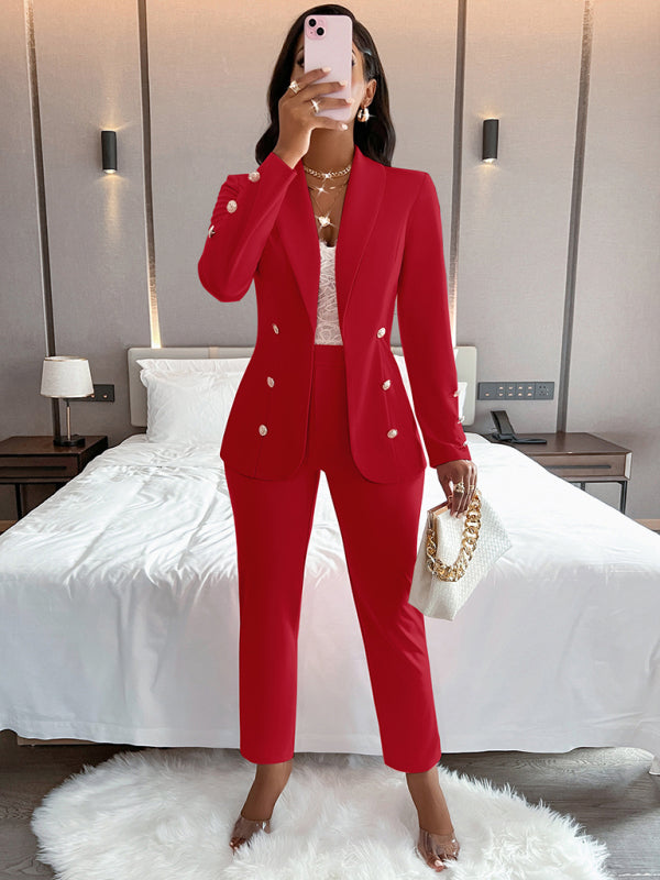 Red women’s solid color suit with collar and double-breasted design for casual wear
