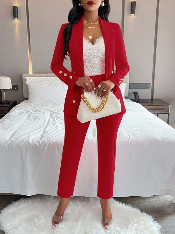 Red women’s solid color suit with collar and double-breasted design for casual wear