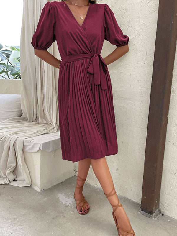 Women’s Solid Color Tie V Neck Pleated Dress